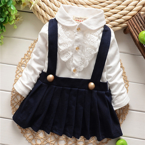 1~5 years kids girls suspendercotton dress long sleeve lace floral tops baby party dresses TIML66