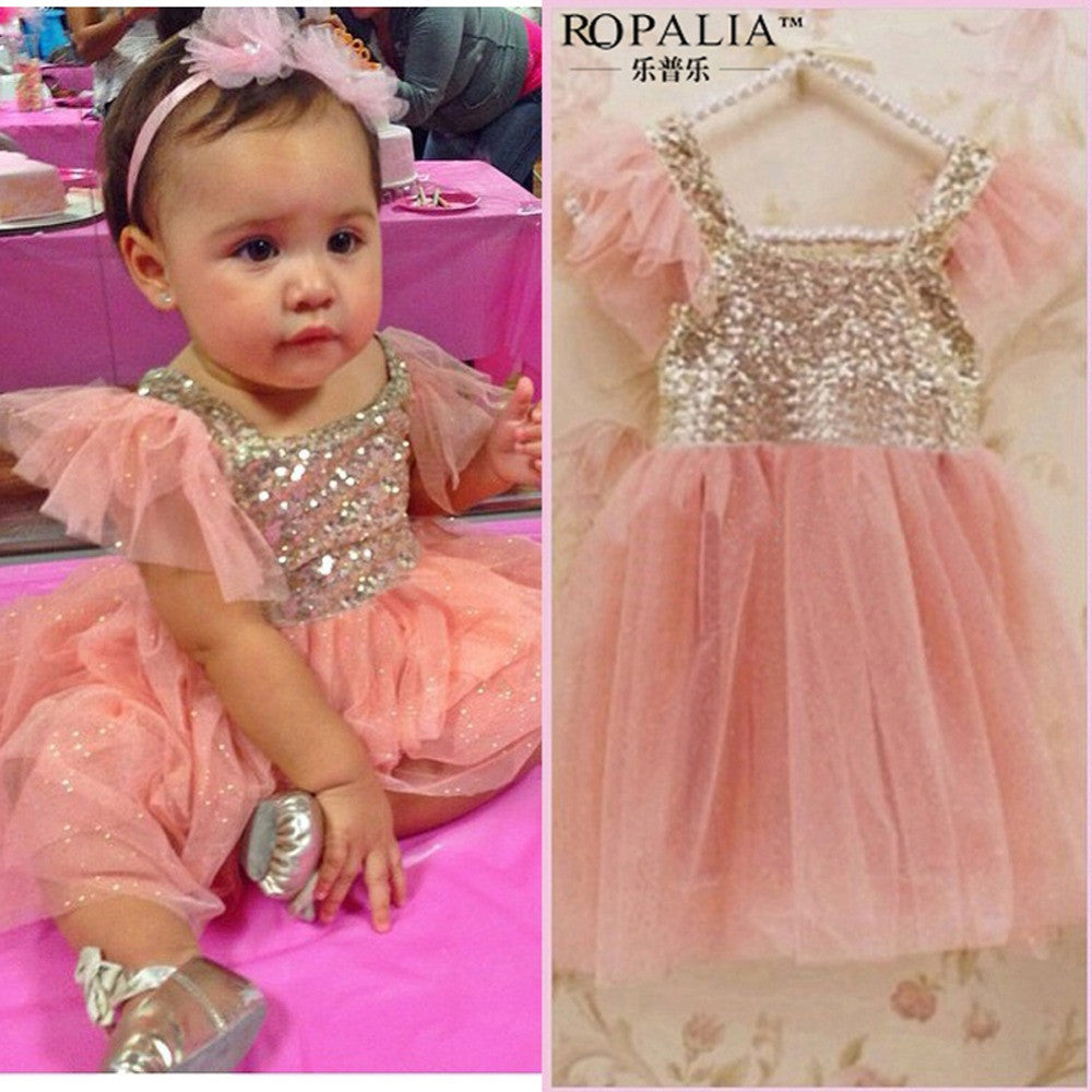 2-10Y Kids Toddler Baby Girls Sequins One Piece Dress Pleated Princess Dresses  TIML66
