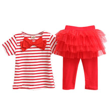 2 Pieces Kid Girls Clothes Set Stripe Bow Top T-shirt + Tutu Skirt Leggings Culottes Outfit Clothing Sets TIML66