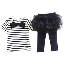 2 Pieces Kid Girls Clothes Set Stripe Bow Top T-shirt + Tutu Skirt Leggings Culottes Outfit Clothing Sets TIML66