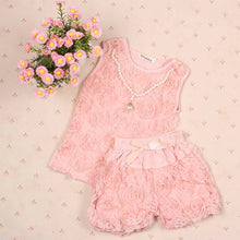 2 Pieces/set Kids Girls Clothes Sets Rose Flower Top Shirt + Bloomer Short Pants + Pearl Necklace Outfits TIML66