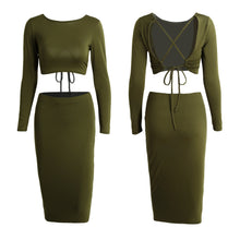 2 piece set women sexy crop top o neck long sleeve backless bandage dress slim fit ladies club midi dresses TIML66