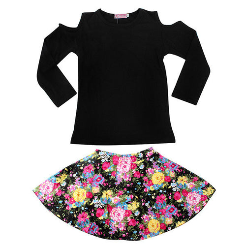2-7Y Girls Clothing Sets 2pcs Black Long Sleeve Shoulder Off Top + Floral Skirt Baby Clothes Dress TIML66