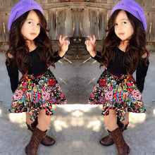 2-7Y Girls Clothing Sets 2pcs Black Long Sleeve Shoulder Off Top + Floral Skirt Baby Clothes Dress TIML66