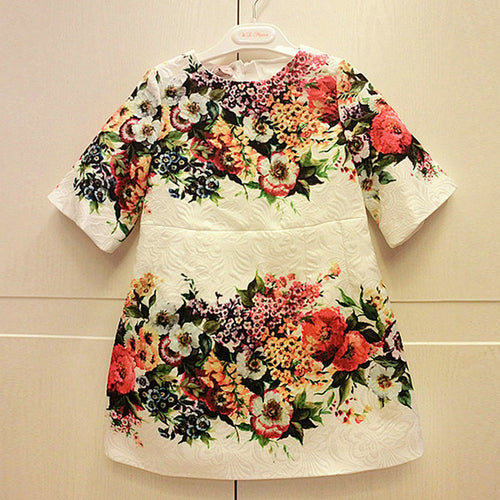 2-7Years One-piece Kids Girls Dress Vintage Floral Print 3/4 Sleeve Baby Mini Dresses  TIML66