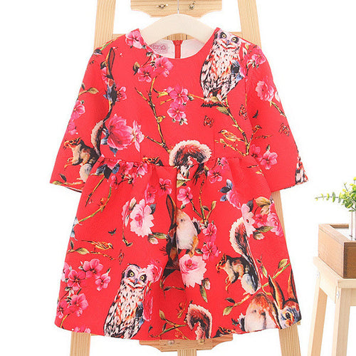 2-8Y New Kids Children Girls Floral Owl Print Princess Dress One Piece Party Dresses  TIML66