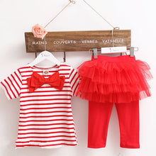 2 Pieces Kid Girls Clothes Set Stripe Bow Top T-shirt + Tutu Skirt Leggings Culottes Outfit Clothing Sets TIML66