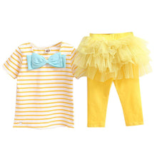 2 Pieces Kid Girls Clothes Set Stripe Bow Top T-shirt + Tutu Skirt Leggings Culottes Outfit Clothing Sets TIML66
