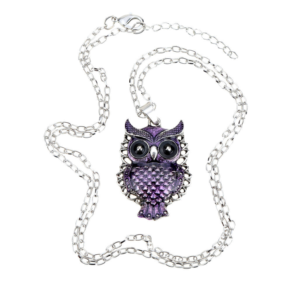 Purple Owl Pendant Necklace Long Statement Necklace Vintage Owl Necklace Link Chain Women Jewelry TIML66 TIML66