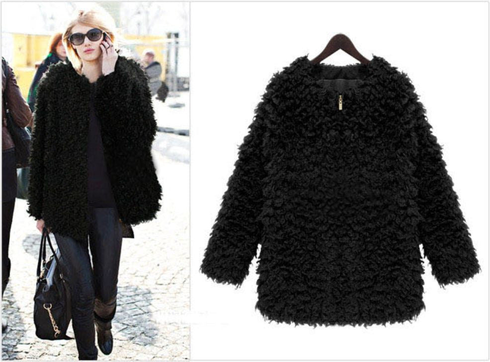 women fluffy shaggy coat curly faux fur round neck zipper super worthy warm outerwear TIML66