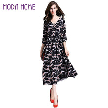 34 Sleeve V-neck Elegant Dress Women Print Elastic Waist Vintage Dress Women Casual Long Dress With Botton TIML66 TIML66