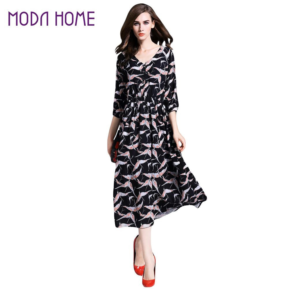 34 Sleeve V-neck Elegant Dress Women Print Elastic Waist Vintage Dress Women Casual Long Dress With Botton TIML66 TIML66