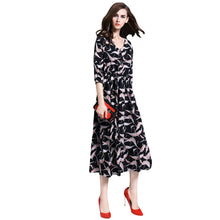 34 Sleeve V-neck Elegant Dress Women Print Elastic Waist Vintage Dress Women Casual Long Dress With Botton TIML66 TIML66