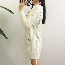 women long sleeve loose sweater v neck hollow out knitted pullover girl casual top knitwear beige TIML66