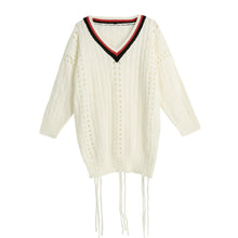 women long sleeve loose sweater v neck hollow out knitted pullover girl casual top knitwear beige TIML66