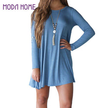 fall dress women long sleeve basic loose short office dress solid o neck shift dress watermelon red blue TIML66