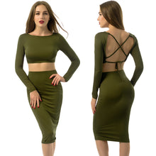 2 piece set women sexy crop top o neck long sleeve backless bandage dress slim fit ladies club midi dresses TIML66