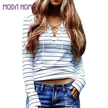 t-shirts women striped tie tops v neck lace up long sleeves pullovercasual top shirt white camisas femininas TIML66