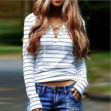 t-shirts women striped tie tops v neck lace up long sleeves pullovercasual top shirt white camisas femininas TIML66