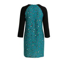 women blue leopard print dress contrast splicing zipper round neck tunique 3/4 sleeve mini straight dress TIML66