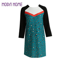 women blue leopard print dress contrast splicing zipper round neck tunique 3/4 sleeve mini straight dress TIML66