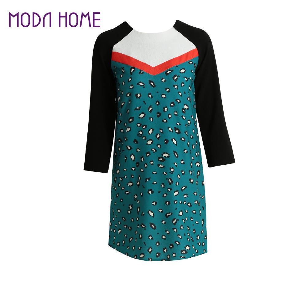 women blue leopard print dress contrast splicing zipper round neck tunique 3/4 sleeve mini straight dress TIML66