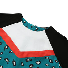 women blue leopard print dress contrast splicing zipper round neck tunique 3/4 sleeve mini straight dress TIML66
