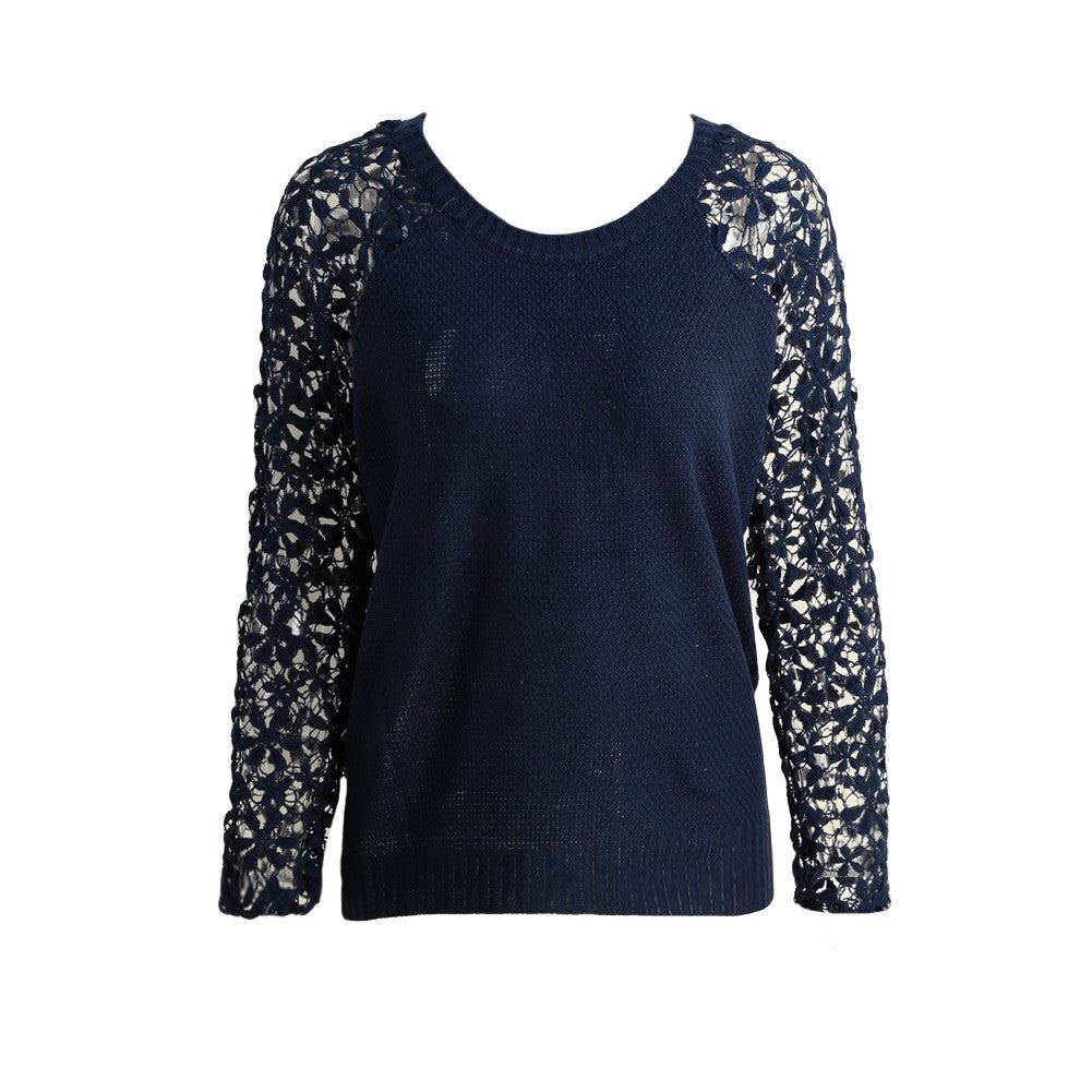 Women Knitting Sweater Hollow Out Lace Splicing Sleeve Maglioni O-Neck Pullover Tops Pink Chandail  TIML66 TIML66