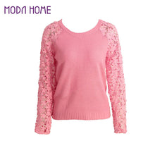 Women Knitting Sweater Hollow Out Lace Splicing Sleeve Maglioni O-Neck Pullover Tops Pink Chandail  TIML66 TIML66