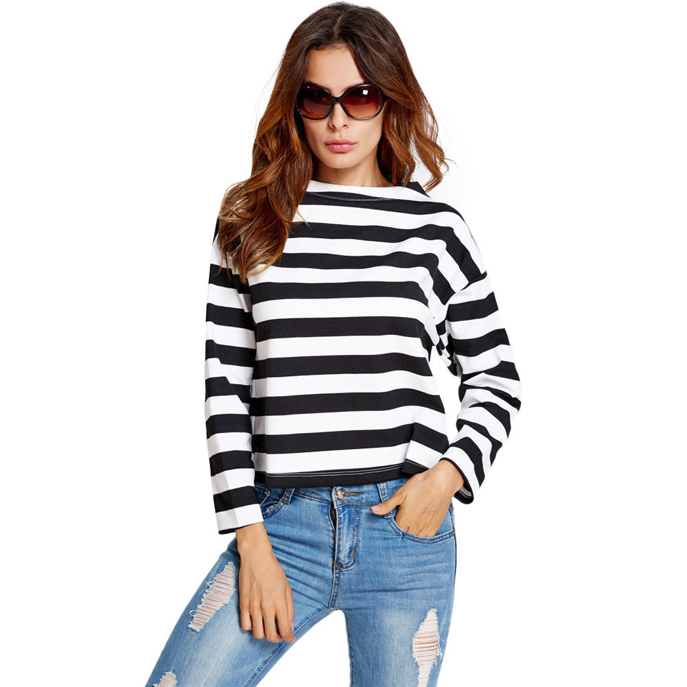 Women Long Sleeve T Shirt Slash Neck Black And White Striped Print Crop Tops Ladies Causal Tee Shirt  TIML66 TIML66