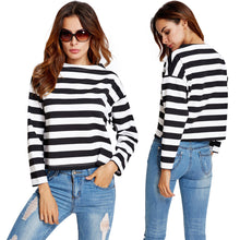 Women Long Sleeve T Shirt Slash Neck Black And White Striped Print Crop Tops Ladies Causal Tee Shirt  TIML66 TIML66