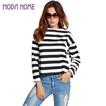 Women Long Sleeve T Shirt Slash Neck Black And White Striped Print Crop Tops Ladies Causal Tee Shirt  TIML66 TIML66