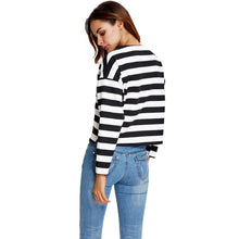 Women Long Sleeve T Shirt Slash Neck Black And White Striped Print Crop Tops Ladies Causal Tee Shirt  TIML66 TIML66