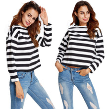 Women Long Sleeve T Shirt Slash Neck Black And White Striped Print Crop Tops Ladies Causal Tee Shirt  TIML66 TIML66