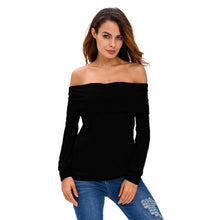 Women Off Shoulder T-Shirt Fold-Over Long Sleeve Tee Shirt Casual Sweatshirt Tops BlackWhite Clothing TIML66 TIML66