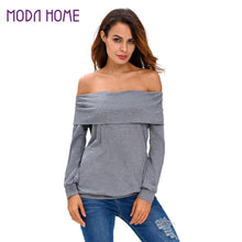 Women Off Shoulder T-Shirt Fold-Over Long Sleeve Tee Shirt Casual Sweatshirt Tops BlackWhite Clothing TIML66 TIML66