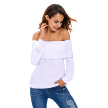 Women Off Shoulder T-Shirt Fold-Over Long Sleeve Tee Shirt Casual Sweatshirt Tops BlackWhite Clothing TIML66 TIML66