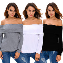 Women Off Shoulder T-Shirt Fold-Over Long Sleeve Tee Shirt Casual Sweatshirt Tops BlackWhite Clothing TIML66 TIML66