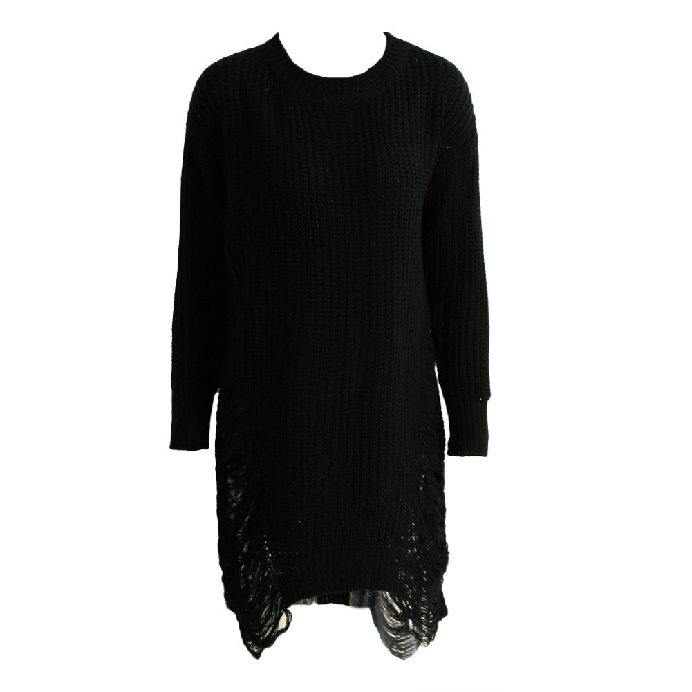 Women Ripped Sweater O-neck Slit Knitted Sweaters Long Sleeve Oversized Pullover Asymmetrical Sweater TIML66 TIML66