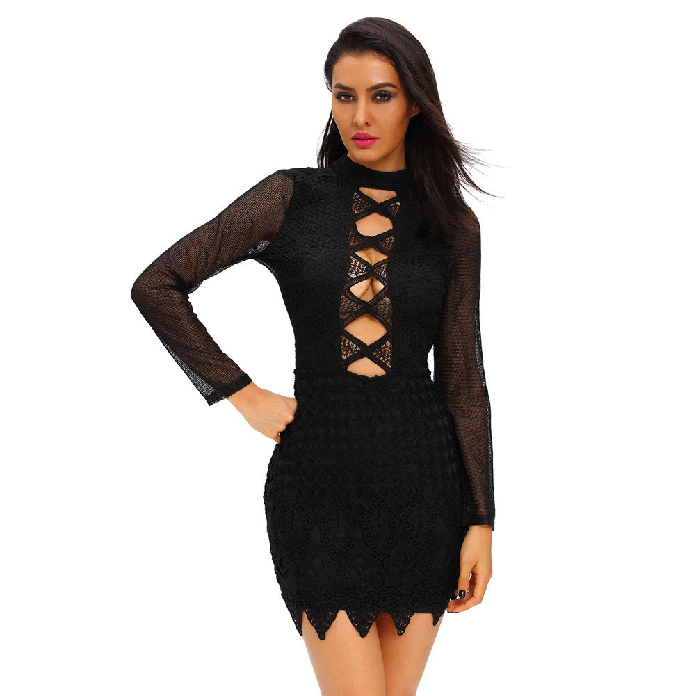 Women Sexy Dress Lace Hollow Out Open Back Sheer Tunique Long Sleeve Waved Hem Bodycon Pencil Dress TIML66 TIML66