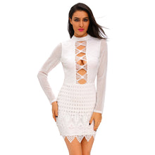 Women Sexy Dress Lace Hollow Out Open Back Sheer Tunique Long Sleeve Waved Hem Bodycon Pencil Dress TIML66 TIML66
