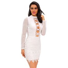 Women Sexy Dress Lace Hollow Out Open Back Sheer Tunique Long Sleeve Waved Hem Bodycon Pencil Dress TIML66 TIML66