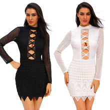 Women Sexy Dress Lace Hollow Out Open Back Sheer Tunique Long Sleeve Waved Hem Bodycon Pencil Dress TIML66 TIML66