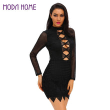 Women Sexy Dress Lace Hollow Out Open Back Sheer Tunique Long Sleeve Waved Hem Bodycon Pencil Dress TIML66 TIML66
