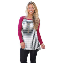 Women T Shirt Contrast Striped Shirt Long Sleeve High-Low Hem Casual Pullover Tee Tops CoffeePurple Vestiti TIML66 TIML66