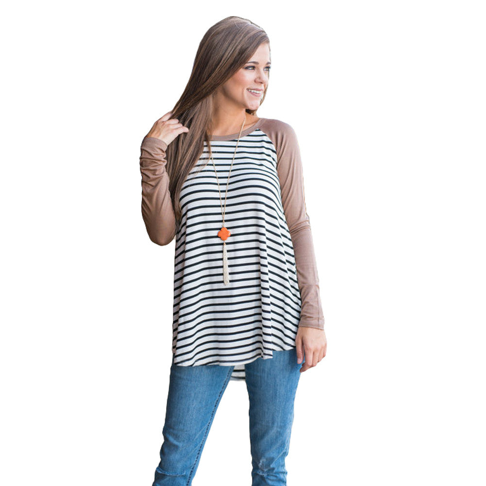 Women T Shirt Contrast Striped Shirt Long Sleeve High-Low Hem Casual Pullover Tee Tops CoffeePurple Vestiti TIML66 TIML66