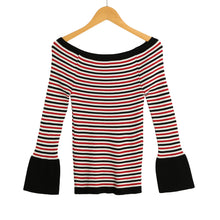 Women Knitted Sweater Striped Slash Neck Flare Sleeve High Elastic Pullover Ladies Slim Tops Knitwear TIML66 TIML66