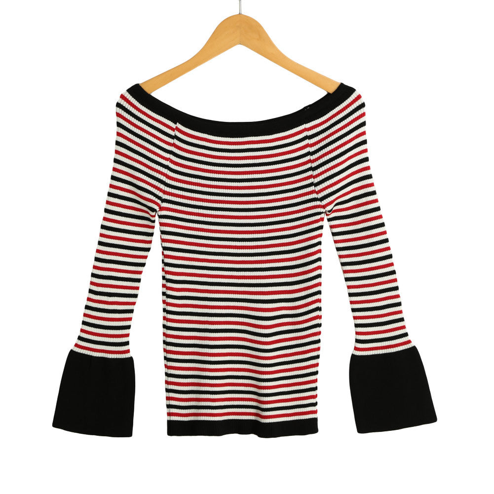 Women Knitted Sweater Striped Slash Neck Flare Sleeve High Elastic Pullover Ladies Slim Tops Knitwear TIML66 TIML66