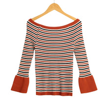Women Knitted Sweater Striped Slash Neck Flare Sleeve High Elastic Pullover Ladies Slim Tops Knitwear TIML66 TIML66