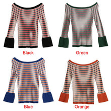 Women Knitted Sweater Striped Slash Neck Flare Sleeve High Elastic Pullover Ladies Slim Tops Knitwear TIML66 TIML66
